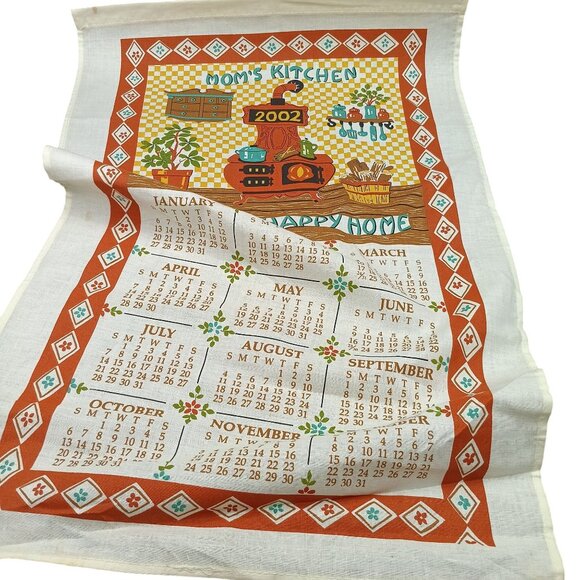 Vintage 2002 Moms Kitchen Calendar Tea Towel Wall Decor Cotton Linen Red & Orang - Picture 3 of 3